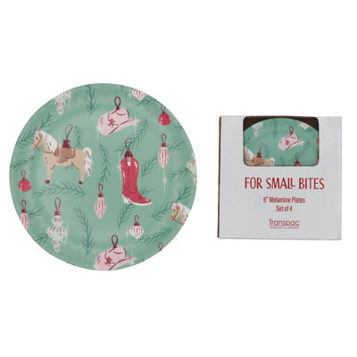 Melamine Cowboy Ornament Appetizer Plates Set of 4, Blue, Melamine, Table, Kitchen, Christmas, Plates