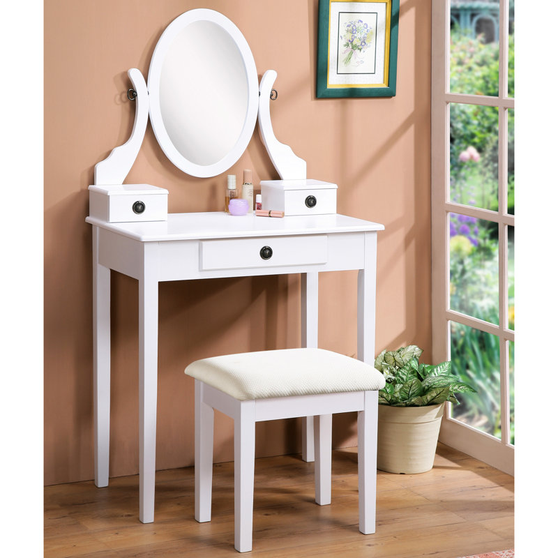 White Wood Makeup Vanity Desk And Padded Stool With 3 Storage Drawers Mirror Wooden Table Compartments, White