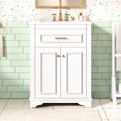 Meuble-lavabo blanc de 61 cm (24 po) avec lavabo, armoire à 2 portes, 1 tiroir basculant, style contemporain, fonctionnement fluide, installation rapide, céramique de 61 cm (24 po)