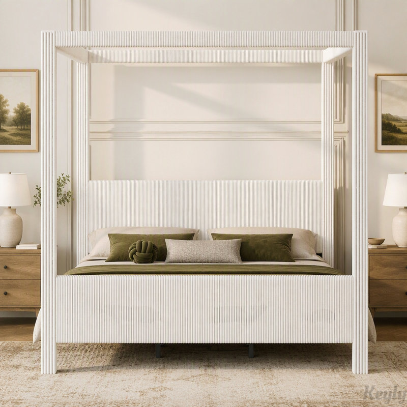 Lit plateforme capitonné avec revêtement en velours côtelé, King, Beige