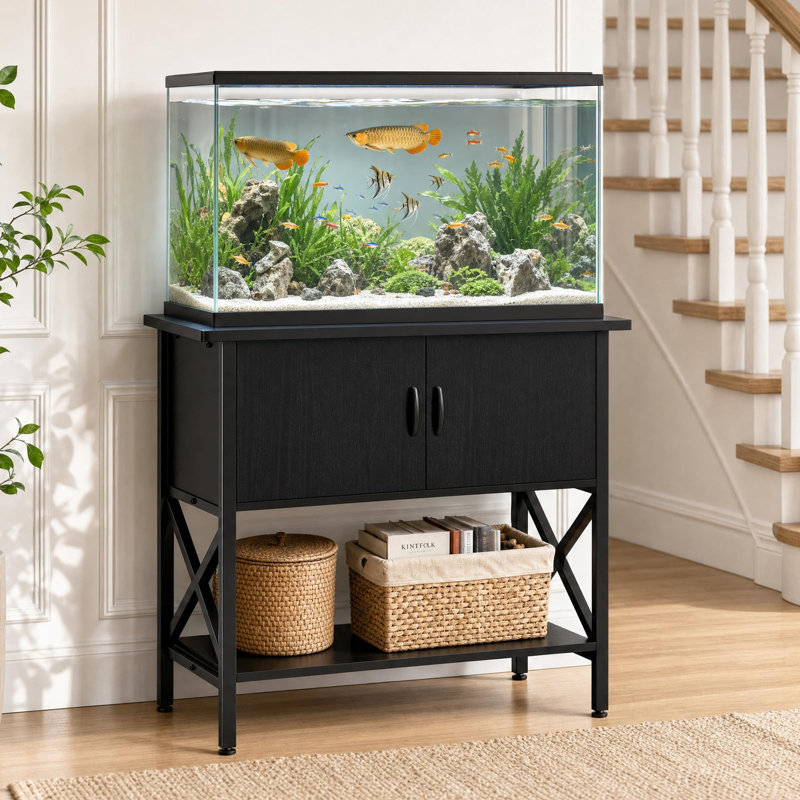 Support d'aquarium moderne 40-50 gallons avec armoire de rangement à deux portes, tablette pour petits réservoirs, pieds réglables, finition noire, conception inspirée du meuble télé