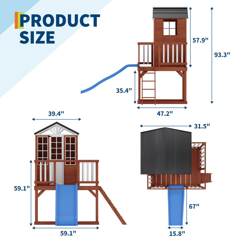 Maisonnette en bois pour enfants avec toboggan et échelle, château de jeu surélevé avec balcon