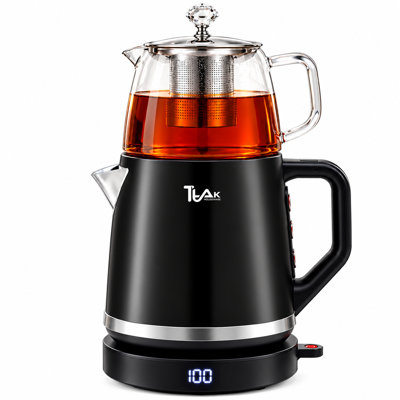 Machine à thé électrique avec théière en verre, bouilloire en acier inoxydable 1,8, affichage numérique de la température, fonction de maintien au chaud - chaudière à eau chaude de style Samovar turc persan - noir