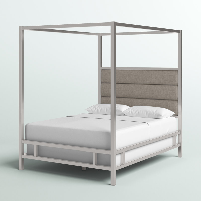 Pettaway Upholstered Metal Canopy Bed, Chrome Metal/Gray, Full