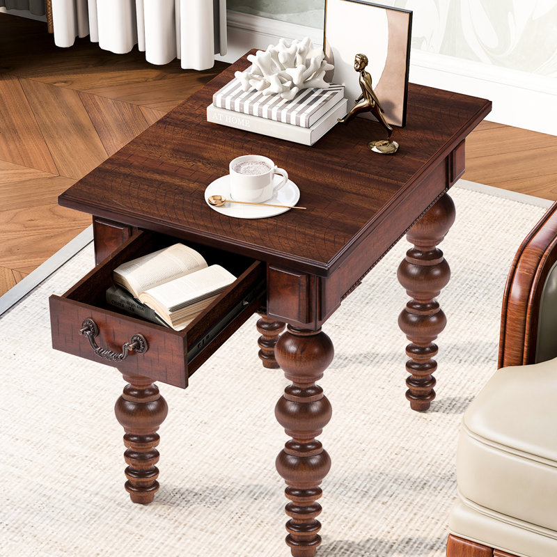 Table de bout antique en bois massif avec tiroir pour le salon et placage, pieds en forme de bulles, table de rangement polyvalente en noyer, articles décoratifs, installation rapide, plateau de table, conception en forme