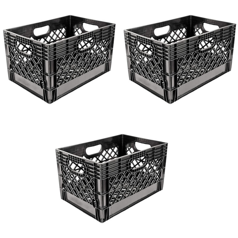 Heavy Duty Black Stackable Storage Crate with Handles, 3 Pack