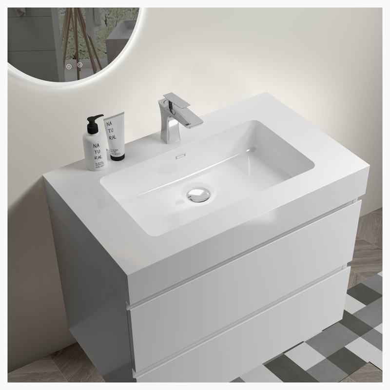 Meuble-lavabo de salle de bain avec lavabo, grand meuble-lavabo flottant mural pour salle de bain moderne, lavabo blanc une pièce sans drain ni robinet