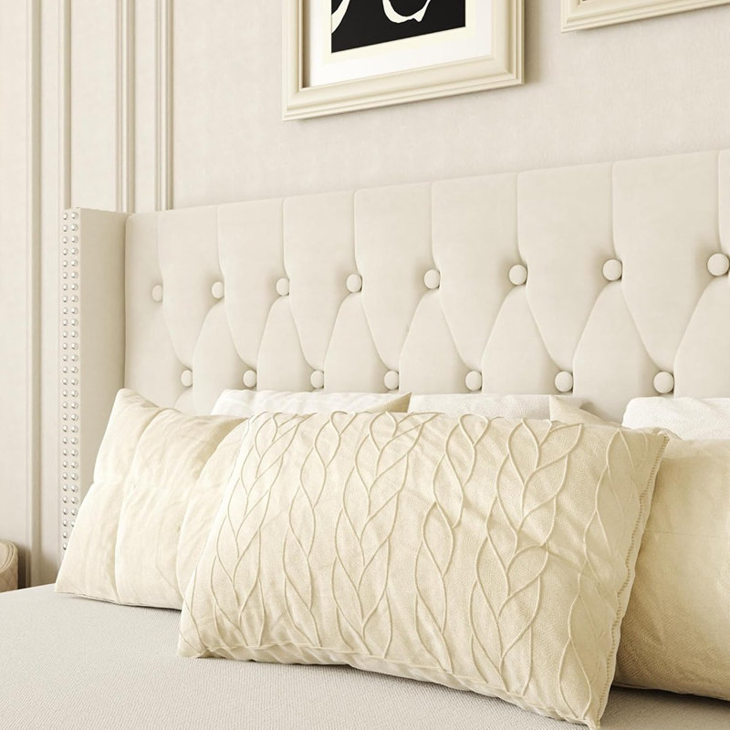 Structure de grand lit, lit plateforme tapissier avec tête de lit à oreilles, capitonnage en velours, assemblage facile, pas de sommier tapissier, beige