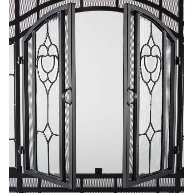 Black Steel Two-Door Fireplace Screen with Glass Panels