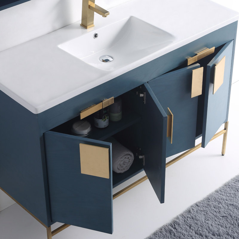 Ensemble de meuble-lavabo simple 48 po Maisie, Bleu français, Laiton satiné