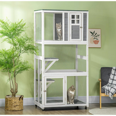 PawHut 74" Wooden Outdoor Cat House Weatherproof & Wheeled, Catio Outdoor Cat Enclosure with High Weight Capacity, Kitten Cage Condo, Gray