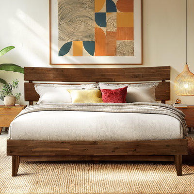 Antione Acacia Solid Wood Platform Bed, Bed Frame with Headboard, Farmhouse Bed Frame Style