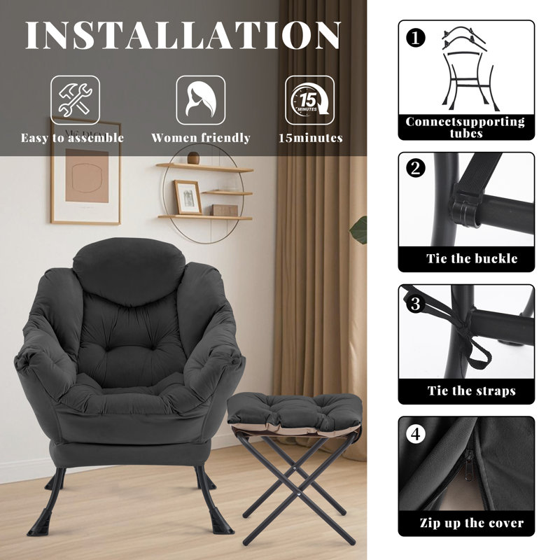 Upholstered Armchair with Footstool, Black