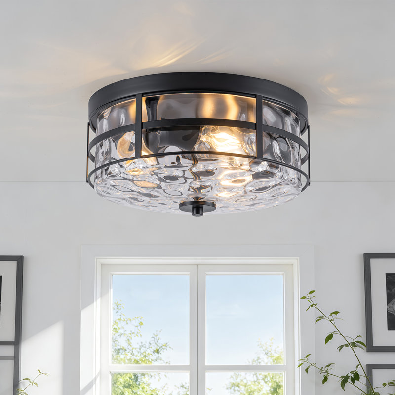 Plafonnier encastré 3 lumières avec abat-jour en verre martelé transparent et métal, Noir mat