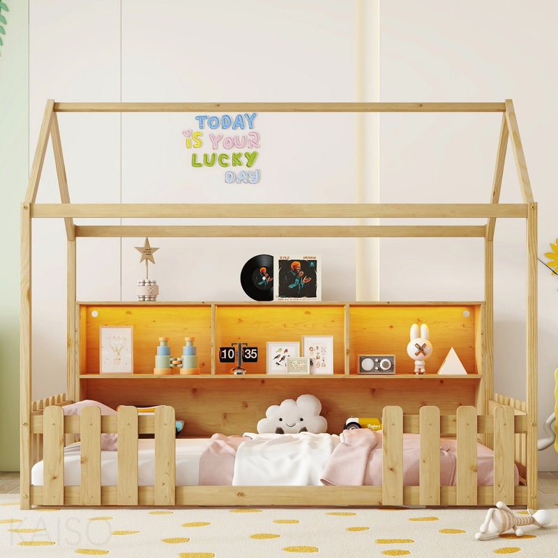 Lit simple avec lumière DEL, lit maison en bois avec bibliothèque de rangement, lit maison au sol avec garde-corps pour enfants, naturel