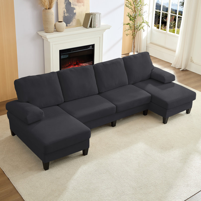 110" Corduroy Sectional Sofa with 2 Ottomans – High-Resilience Foam, Wood Legs, 4-Seat Design, Dark Gray