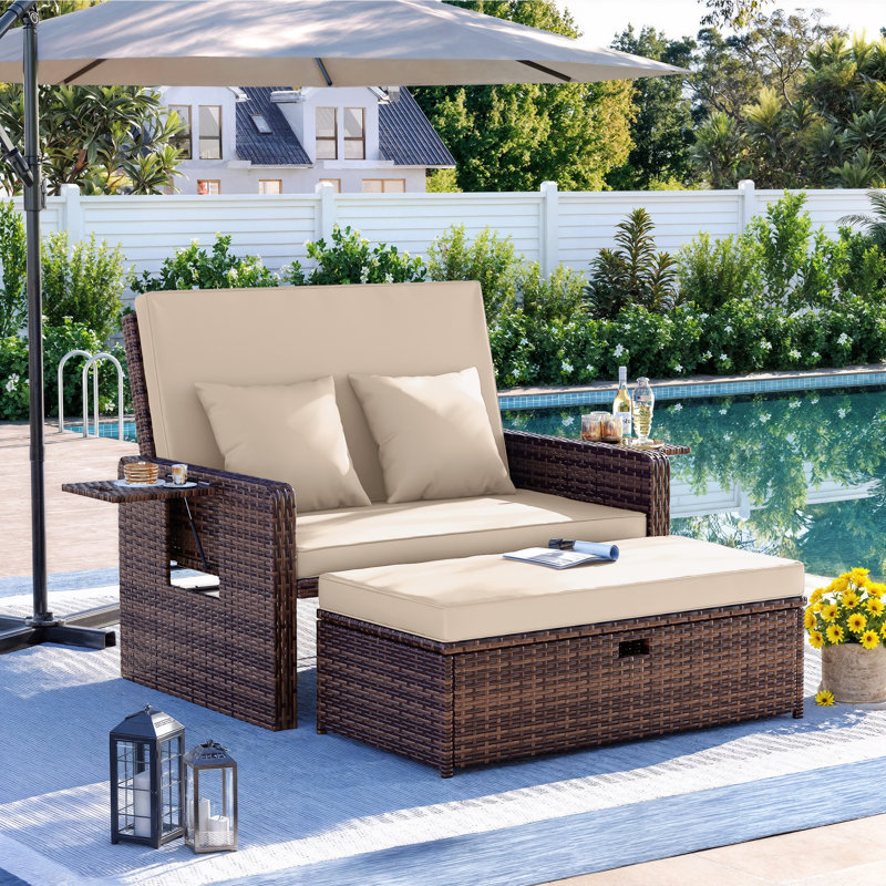 68" Wicker Outdoor Daybed Adjustable Loveseat With Storage Ottomans And Cushions,  Beige Cushion/Brown Frame    