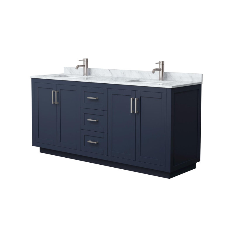Meuble-lavabo double autoportant 72 po avec plateau en marbre Miranda, Bleu foncé, Nickel brossé