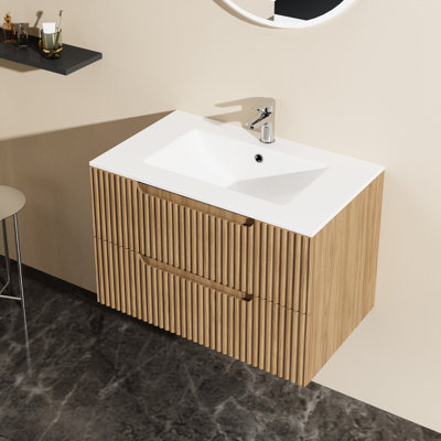 Lavabo de salle de bain mural 30 po, noyer, 2 très grands tiroirs, système de fermeture en douceur, look contemporain Mid-Century, et assemblage, matériau, rangement spacieux pour les essentiels