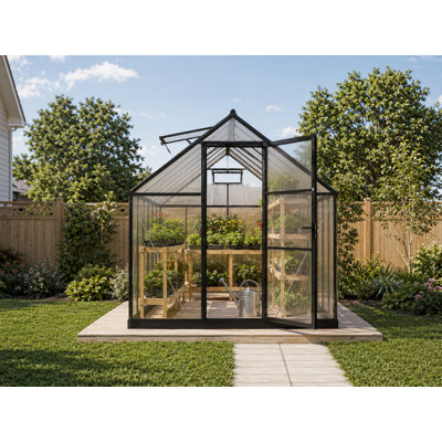 Serre de jardin en aluminium noir avec panneaux en polycarbonate et évent de toit de l 8 pi x P 16 pi