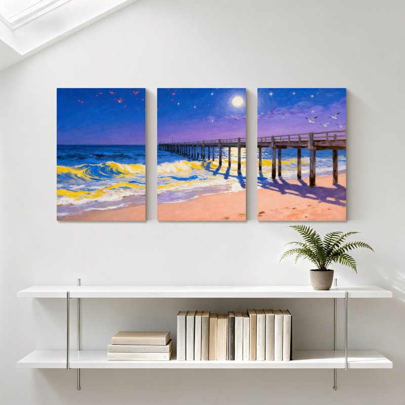 Abstrait, clair de lune, plage, jetée, vagues, ciel, étoiles, mouettes, sable, ensemble de 3 impressions sur toile