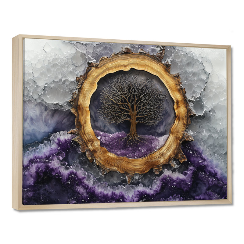 Cristal forêt arbre de vie - art mural forêt pour le salon, H 34 po x l 44 po, Impression encadrée flottante, Crème, crème