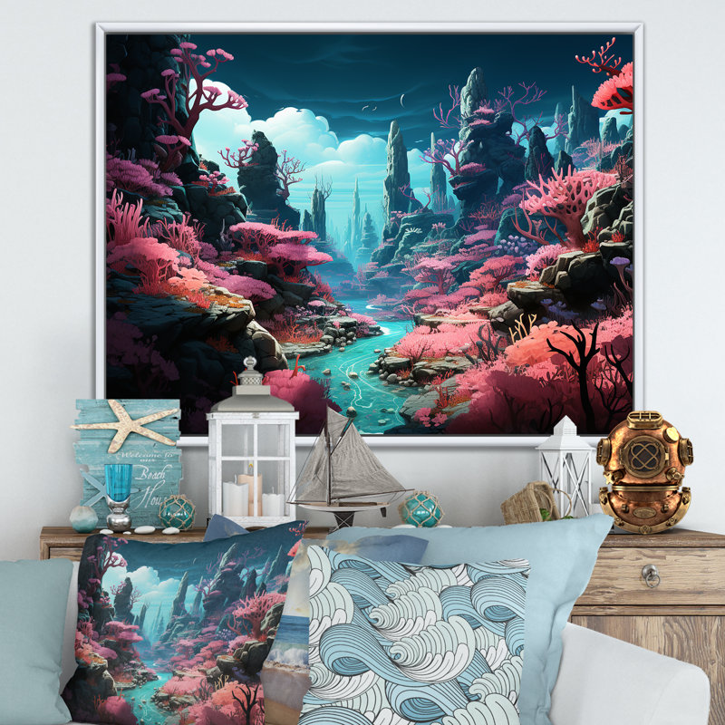«Life In Coral Reef Paradise I» - art mural bord de mer tropical, Cadre flottant blanc, H 34 po x l 44 po x P 1,5 po