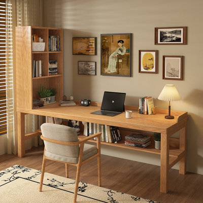 Bureau d'écriture en bois massif de style Mid-Century avec bibliothèque à deux niveaux