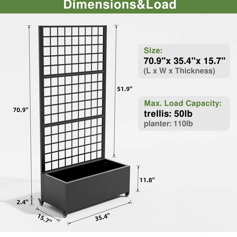 73"H×35"W Metal Planter Box with Trellis with Wheels, Black