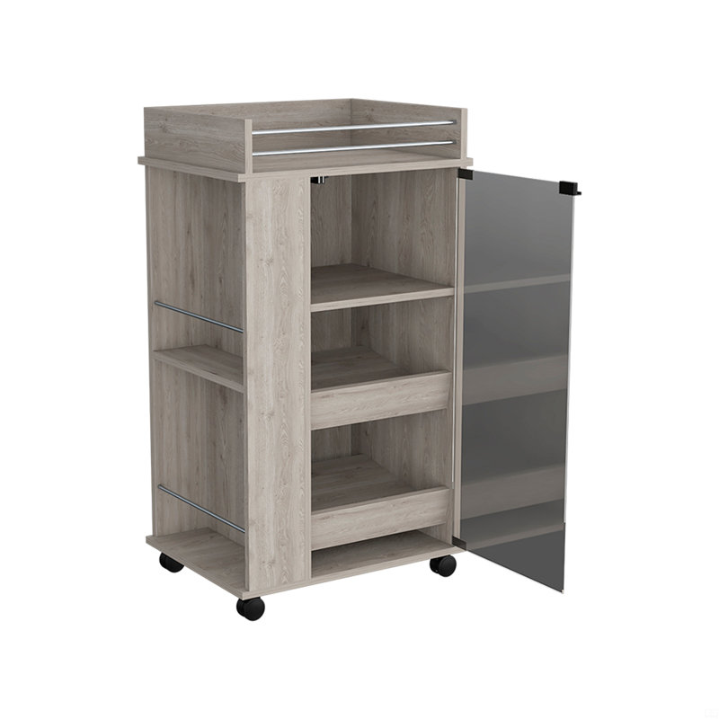 Chariot-bar avec tablettes à deux côtés Beaver, porte vitrée et surface supérieure, Gris clair