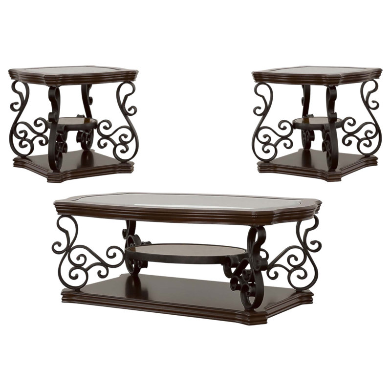 Ensemble de table basse et de table de bout 3 pièces Arrize Merlot avec pieds à volutes ornés et finition foncée