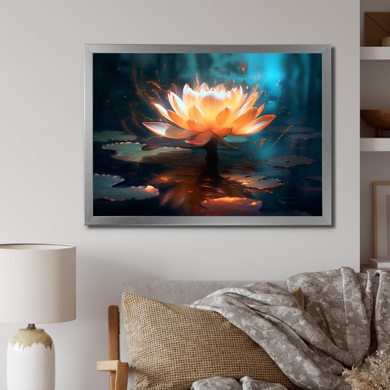 Cinématique lotus blanc dans un étang mystique - reproduction sur toile, H 16 po x l 32 po x P 1 po, Cadre simple argenté