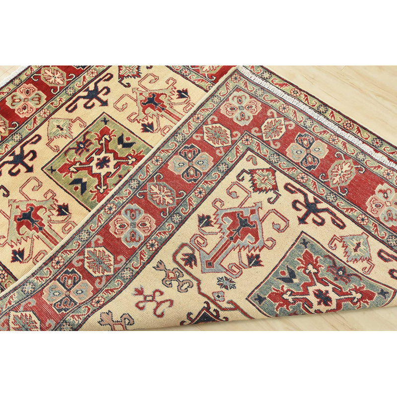 Tapis beige / rouge en laine noué à la main de conception unique 4 pi 10 po x 6 pi 8 po