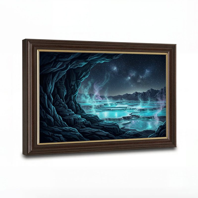 Tableau sur toile représentant une vue de grottes aux bassins en terrasses d'un bleu éclatant sous les étoiles