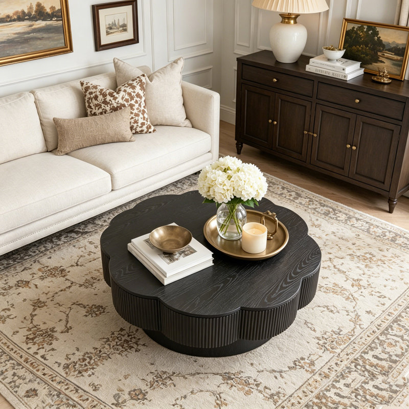 Table basse moderne avec rangement en forme de fleur, Black