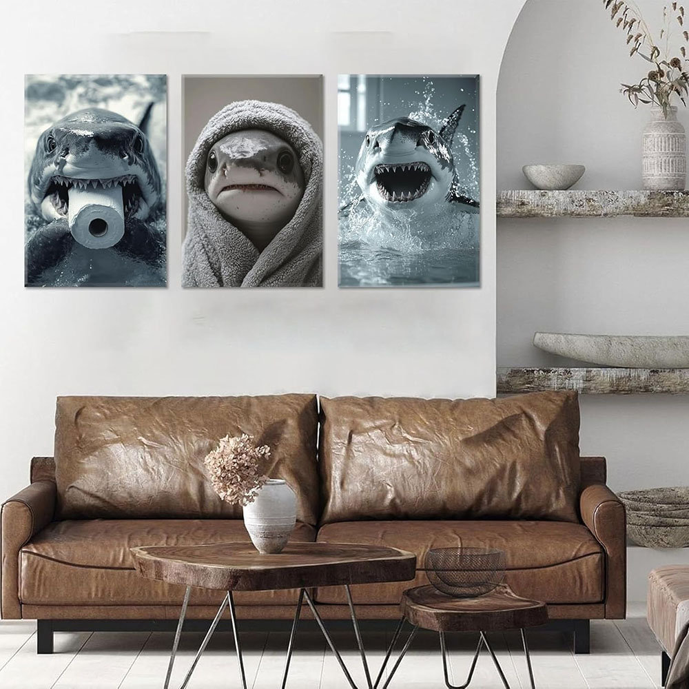3Pcs Cute Shark Bathroom Wall Art Funny Shark In The Bathtub Prints Wall Decor Modern Bathroom Animal Painting Posters Fun Bathroom Country Animal Can