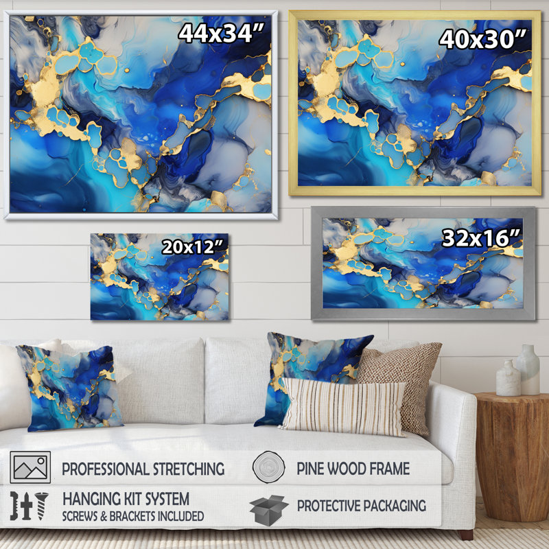 " Blue And Gold Luxury Abstract Fluid Art I ", Wrapped Canvas, 12" H x 20" W x 1" D