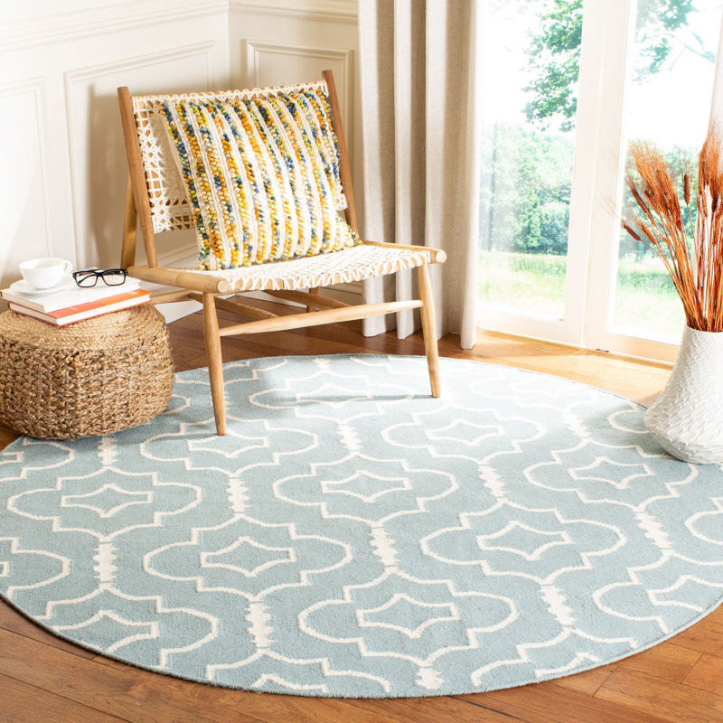 Milltown Hand Woven Flat Weave Wool/Cotton Geometric Rug in Light Blue/Ivory, Round 6'