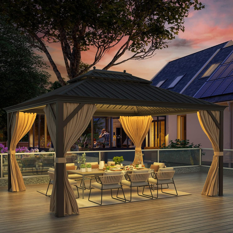 10' X 12' Permanent Hardtop Gazebo - Aluminum Frame With Galvanized Steel Double Roof, Includes Curtains And Netting For Patio, Lawn, And Garden