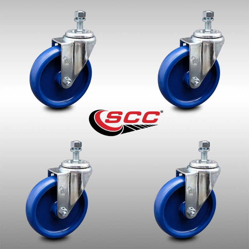 5 Inch SS Solid Polyurethane Wheel Swivel 12mm Threaded Stem Caster Set SCC