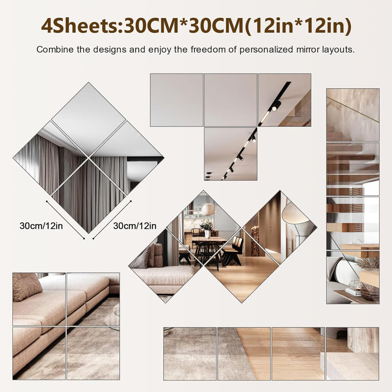 4-pack full-length wall mirrors, 12 x 12 inch acrylic mirror tiles