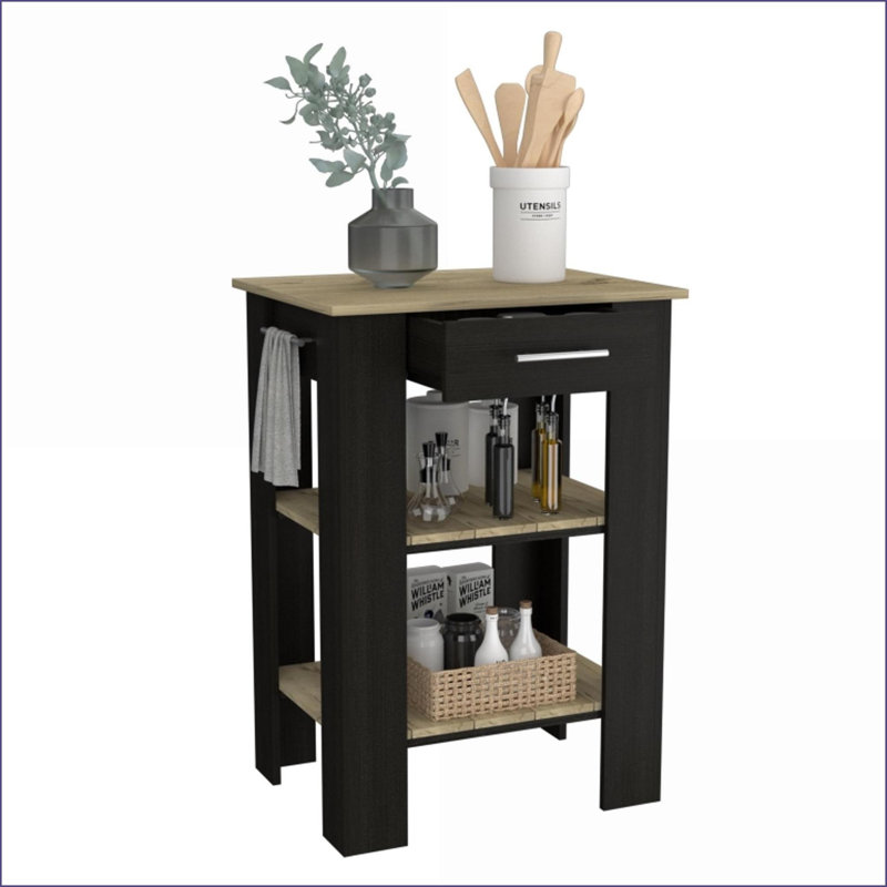 Îlot de cuisine 23 pouces avec tiroir simple Tablettes à deux niveaux, finition wengé noir / chêne clair | Chêne clair | Panneau de particules