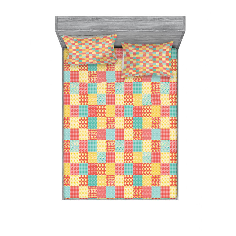 Microfiber Patchwork Sheet Set, Queen Sheet Set with Fitted Sheet