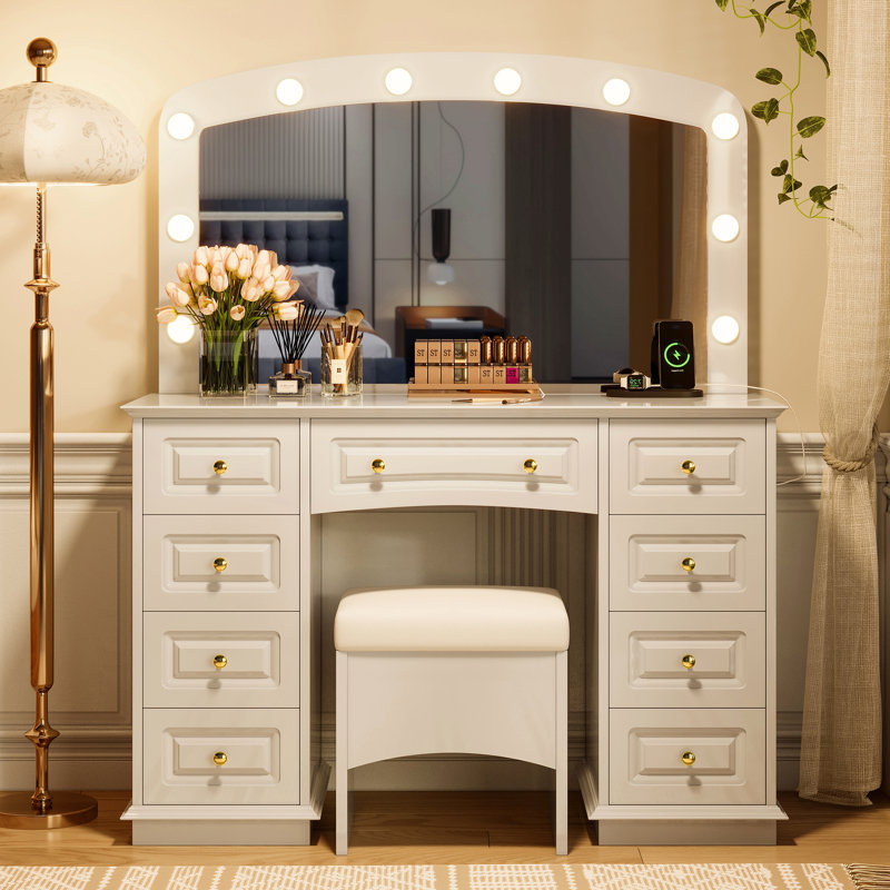 Makeup Vanity With 10 Hollywood Bulbs, 3 Color Lighting Modes, Classic Dressing Table With Cushioned Stool And 9 Storage Drawers For Bedroom, White