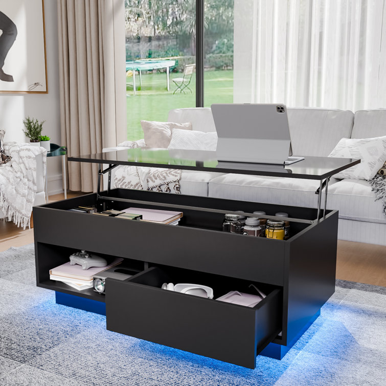 Banushi Lift Top Coffee Table with RGB LED Lights, Drawer and Open Shelf