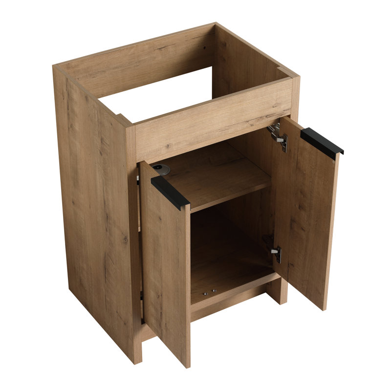 Meuble-lavabo autoportant de 24 po, 2 portes à fermeture douce, rangement pour meuble-lavabo, meuble-lavabo sans comptoir, tablettes intérieures réglables, fabrication en contreplaqué, armoire imitation surface de couleur chêne, non