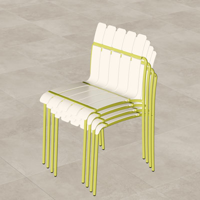 Chaises à blocs de couleur rayées de 4 pieds en métal et siège en PP imperméable pour patio, balcon, utilisation, paquet de grain blanc crème jaune de conception moderne, patio intérieur / extérieur