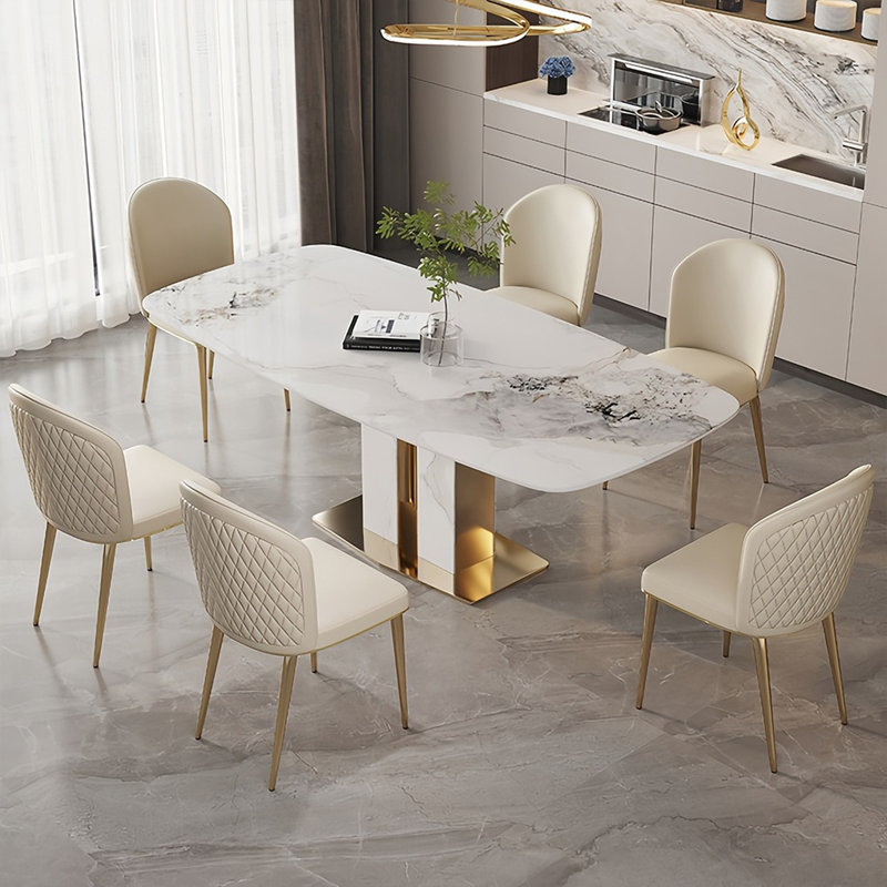 Modern Rectangular Rock Slab Dining Table Sets, 29.5"H x 63"L x 31.5"W
