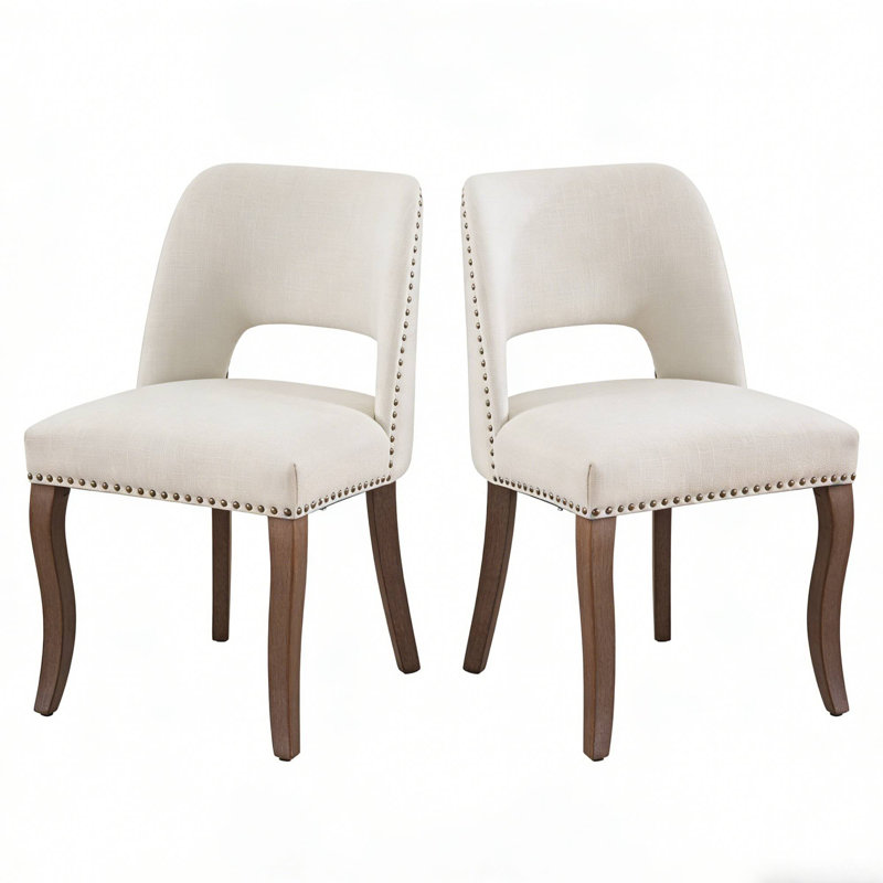 Set Of 2 Beige Farmhouse Dining Chairs, Wooden Frame With Fabric Upholstery For Kitchen Dining Space, Beige