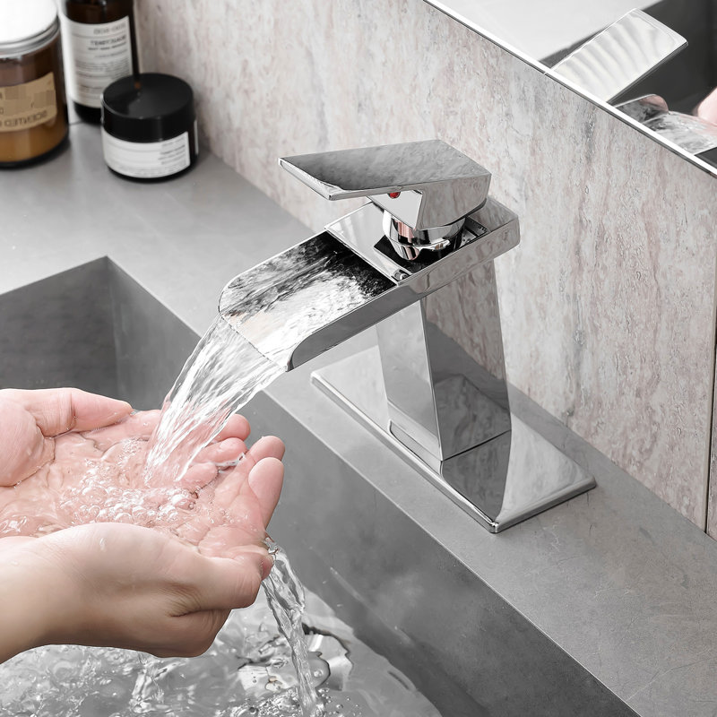 Robinet de salle de bain avec cascade de plaque de pont, poignée, soupape à cartouche, bec de cascade moderne de conception contemporaine, finition, fixation sur le pont, produit à un trou